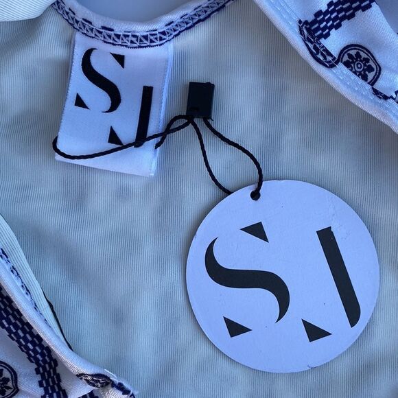 Orion Deep V Lace Up Front One Piece Swim Suit In White Navy Multi - Picture 9 of 13